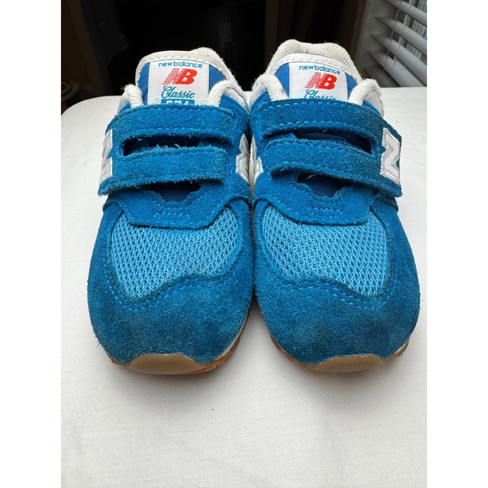 New Balance 574 Classic Kids Teal Blue Suede Mesh Hook Loop Sneakers Shoes Sz 8